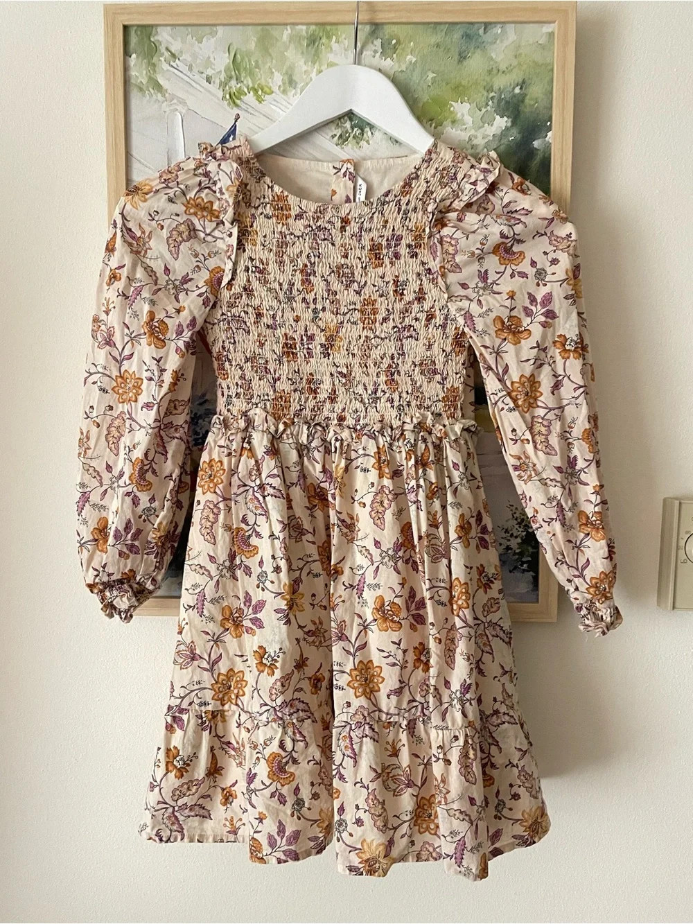 Janie and Jack Girls The Cleo Seedpear Floral Smocked Long Sleeve Dress Size 8